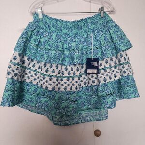 Roller rabbit teal ruffle mini skirt floral elastic waist Large NWT coquette